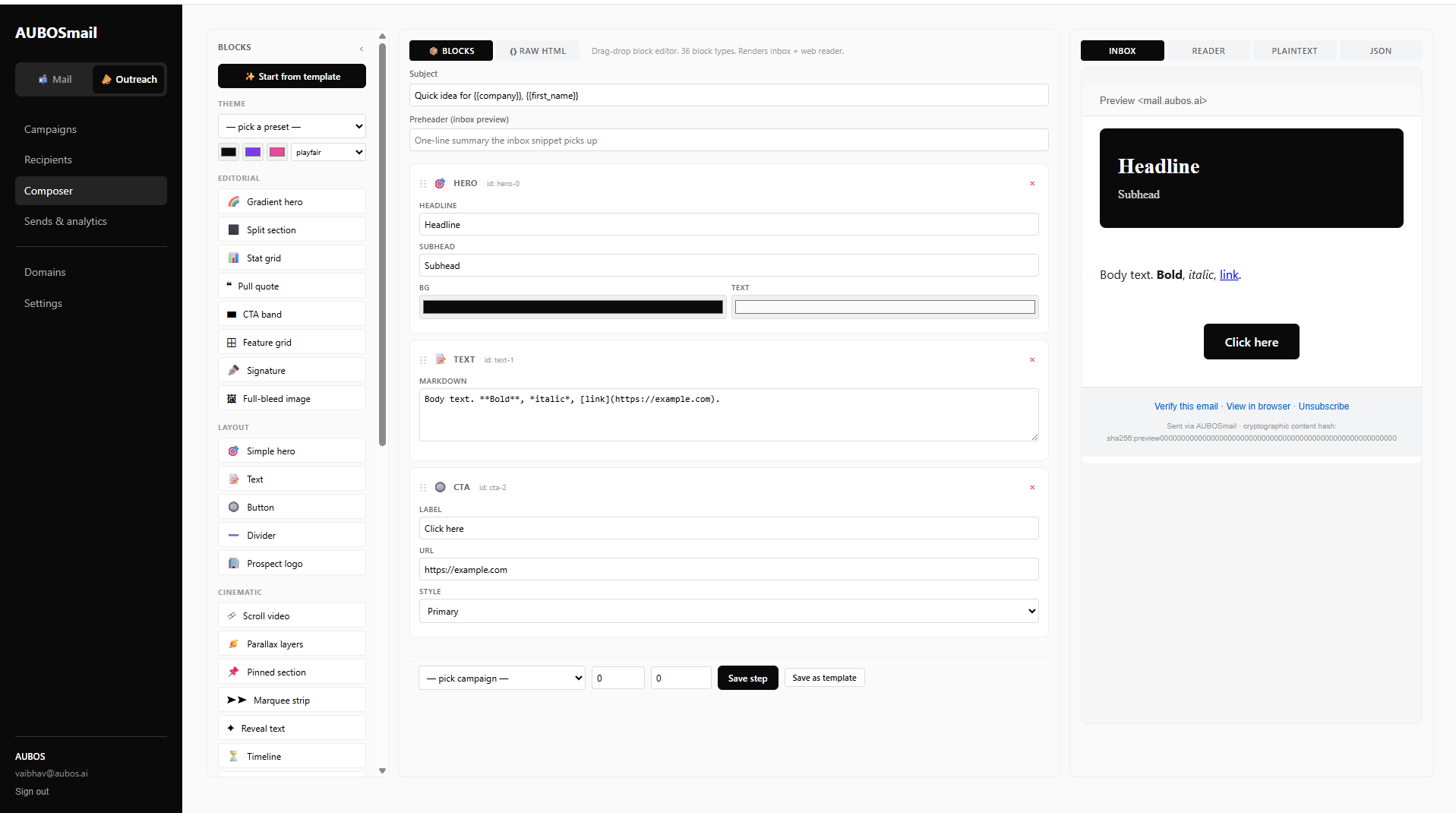 The composer at aubosmail.com/dashboard/composer. Drag-drop blocks on the left, content in the middle, live inbox + reader preview on the right. Every output surface re-renders together as you edit.